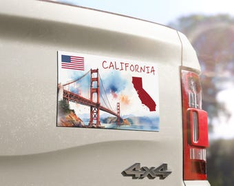 California Car Magnet | Golden Gate Bridge California | Watercolor USA Flag & State Shape | USA proud Independence Day gift