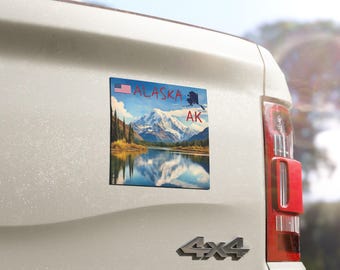 Alaska Car Magnet | Mount Denali Lake Snow Mountain | Watercolor USA Flag & State Shape | USA proud Independence Day Birthday Gift