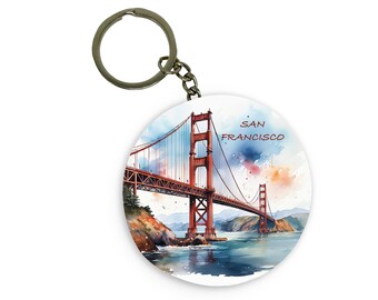 San Francisco Golden Gate Keychain | Metal Round Keychain | Watercolor Based Art | USA Keychains | Travel Keychain | Accessories