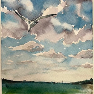 Seagull Seascape Beach Watercolor Painting | | Scandinavian Scenery | Baltic Sea Watercolor | Landscape Home Decor Wall Art | Gift