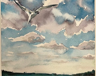 Seagull Seascape Beach Watercolor Painting | | Scandinavian Scenery | Baltic Sea Watercolor | Landscape Home Decor Wall Art | Gift