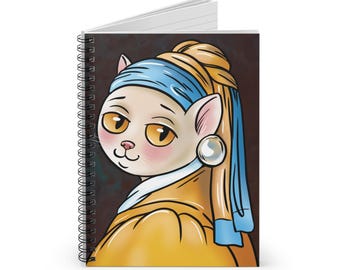 The Cat with a Pearl Notebook | Artistic Cat Purrfect Spiral Journal, Creative Minds, Cute Gift for Cat Lovers, School Supplies, Stationery