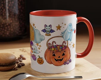 Taza de Halloween (11, 15 oz) / Taza de café decorativa, diseño de bruja, fantasma, murciélago y calabaza / Perfecta para bebidas de Halloween / Taza de café y té
