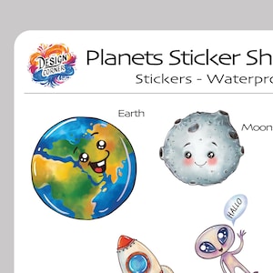 16 pegatinas de planetas (1 hoja), pegatinas de astrología, para niños, Tierra, Luna, extraterrestre, cohete, planetas, astronautas, impermeables, regalo