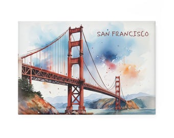 San Francisco Magnet | Golden Gate Bridge California | Watercolor Based Art | USA Magnets | Fridge Magnets | Kitchen | Rectangular Shape