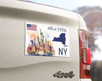 New York Car Magnet | Statue of Liberty NYC | Watercolor USA Flag & State Shape | USA proud Independence Day Birthday Gift
