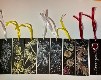 Handgemaakte aquarelbladwijzers | Zwarte katoenen papieren bladwijzers | Aquarel bladwijzer | Kleurrijk handgemaakt cadeau | Geschenk