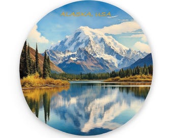 Alaska Metal Round Magnet | Mount Denali | Watercolor Based Art | USA Magnets | Fridge Magnets | Kitchen Decor