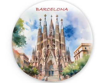 Barcelona Metal Round Magnet | Sagrada Familia | Spain Europe | Watercolor Based Art | Spain Magnets | Fridge Magnets | Kitchen Decor