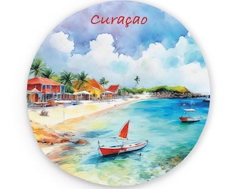 Curaçao Metal Round Magnet | Caribbean ABC Island | Watercolor Based Art | Curacao Netherlands Magnets | Fridge Magnets | Kitchen Decor