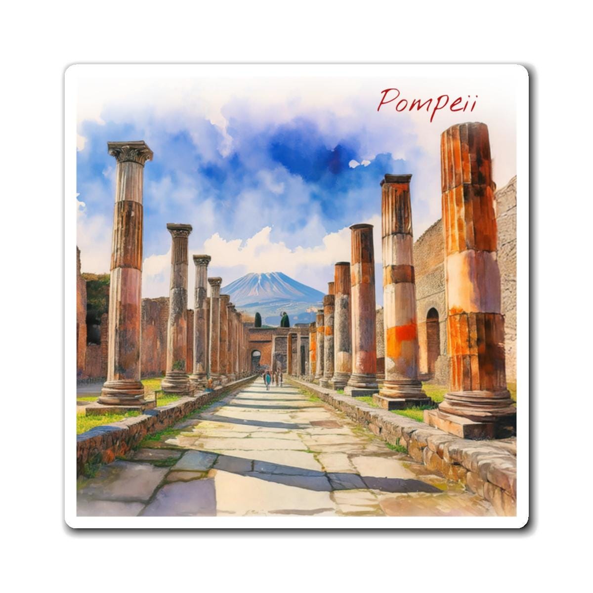 Magneet Pompei Straten | Op aquarel gebaseerde kunst | Napoli Italië koelkastmagneten | Keukendecoratie | Vierkante vorm - Nederland