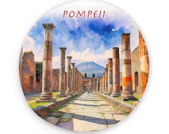 Pompei Street Metal Round Magnet | Watercolor Based Art | Napoli Italy Magnets | Fridge Magnets | Kitchen Decor