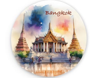 The Grand Palace of Bangkok Metal Round Magnet | Watercolor Based Art | Thailand Magnets | Fridge Magnets | Kitchen Decor