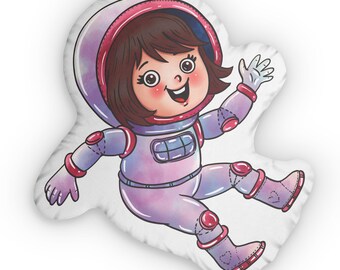 Astronaut Girl Custom Shaped Pillow, Brown Hair, Unique Space Decor, Kids Room Decorative Cushion, Gift for Space Lovers, Girl's Room