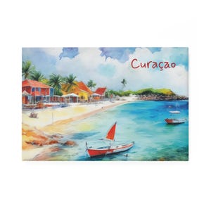 May include: Watercolor painting of a tropical beach scene with the word "Curaçao" in red. The image features a red and white sailboat, colorful buildings, palm trees, and clear blue water. The sky is a mix of blue and white.