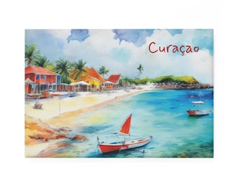 Curaçao Island Magnet | Caribbean ABC Island | Netherlands Watercolor Based Art Magnets | Rectangular Fridge Magnets | Kitchen Decor