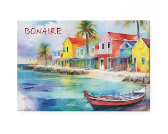 Imán de la isla de Bonaire / Antillas de Sotavento del Caribe / Arte en acuarela / Imanes del Caribe / Imanes rectangulares para nevera / Decoración de cocina