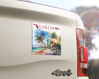 Florida Car Magnet | Miami Beach Palms Ocean | Watercolor USA Flag & State Shape | USA proud Independence Day Birthday Gift