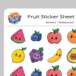 Pegatinas de frutas (24 pegatinas pequeñas o 10 pegatinas grandes) / Hoja de pegatinas x 1 / Juego de pegatinas para niños / Impermeable / Fruta / Hecho a mano / Regalo