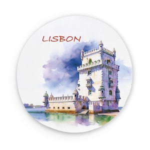 Lisbon Metal Round Magnet | Portugal Europe | Watercolor Based Art | Portugal Magnets | Fridge Magnets | Kitchen Decor