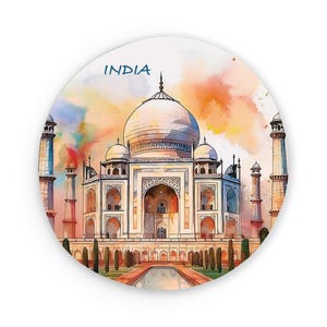 India Taj Mahal Metal Round Magnet | Watercolor Based Art | India Magnets | Fridge Magnets | Kitchen Decor