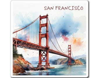 San Francisco Magnet | Golden Gate Bridge California | Watercolor Based Art | USA Fridge Magnets | Square Shape