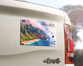 Hawaii Car Magnet | Na Pali Coast (Kauai) Ocean Blue Mountain | Watercolor Flag & State Shape | USA proud Independence Day Birthday Gift