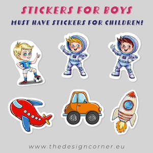 Pegatinas para niños: astronauta, futbolista, avión, cohete y coche. Pegatinas para agenda y diario infantil.