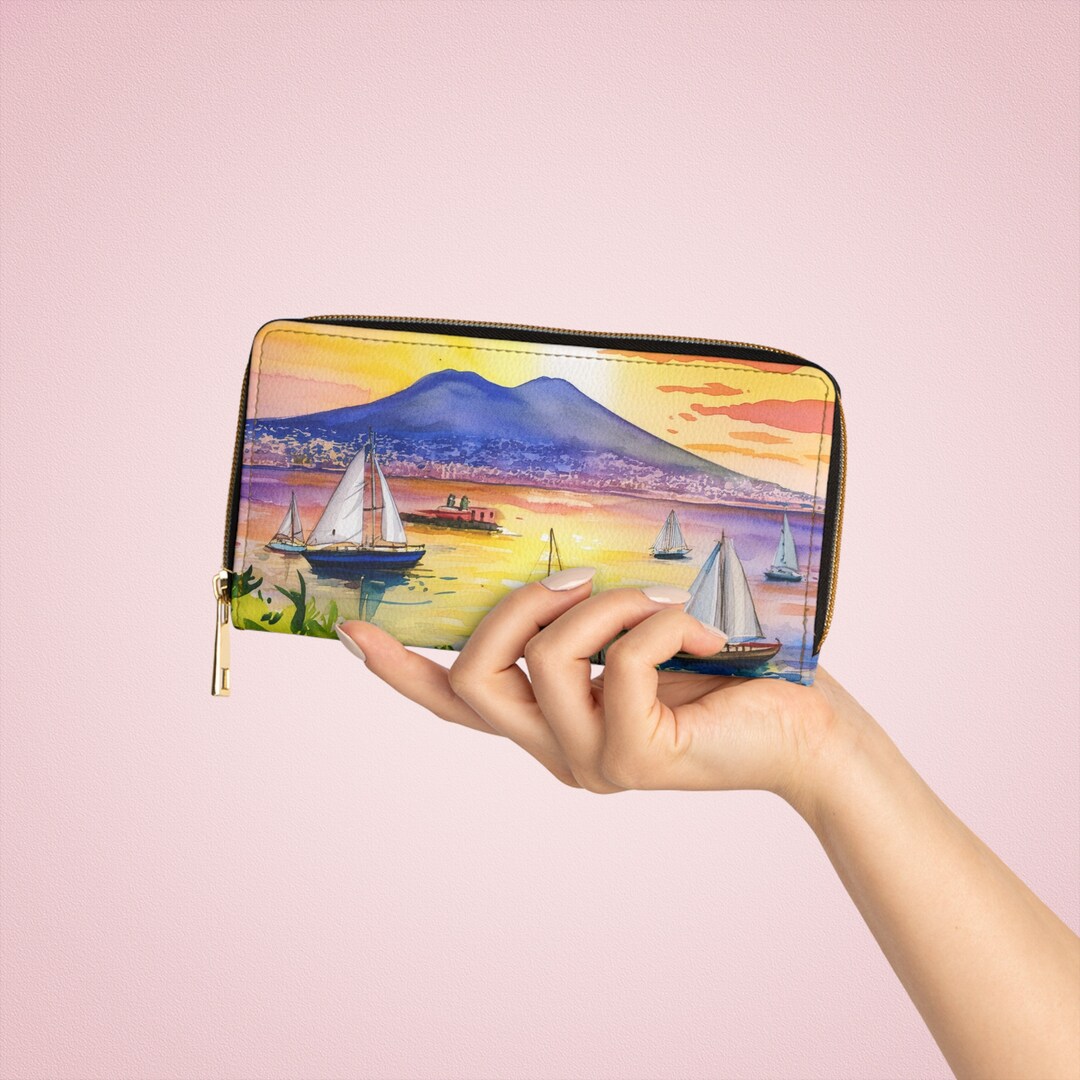 Portafoglio con cerniera tramonto italiano Panorama di Napoli