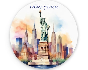 New York Statue of Liberty National Memorial Metal Round Magnet | Watercolor Based Art | USA Magnets | Fridge Magnets | Kitchen Decor