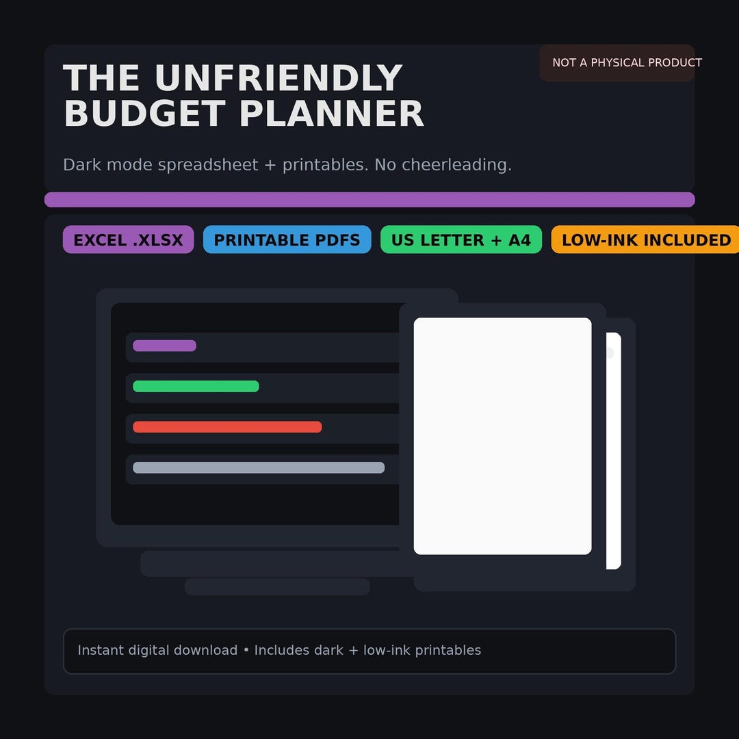 Unfriendly Budget Planner Spreadsheet | Dark Mode Monthly Tracker ...
