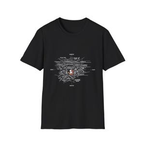 May include: Black t-shirt featuring a detailed map design with the words "Florida State University" and a Seminole logo. The map includes street names and directional indicators such as North, South, East, and West.