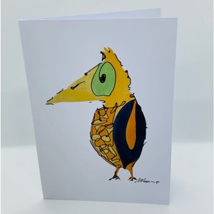 KARTKA Z ŻYCZENIAMI Tytuł: „Funky Chicken” Pusta karta Żółty ptak Cool Dude Ptak o zielonych oczach, kartka z życzeniami, składana karta