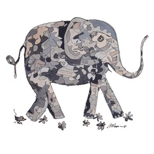 IMPRESSION A4 Titre : « Tilly » l'éléphant gris et la petite souris tiennent dans un cadre A4 ou un cadre de 20 x 10 po.