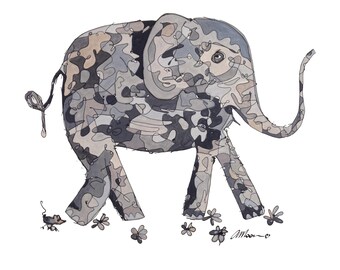 May include: A stylized illustration of a gray elephant with a camouflage pattern walking on a white background. The elephant has a long trunk and small ears. There are small flowers and a mouse in the image.