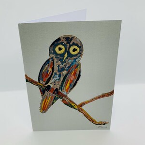 CARTE DE VŒUX Titre: 'Clarence' Blank Card Abstract Farm Owl, notecard, carte pliée