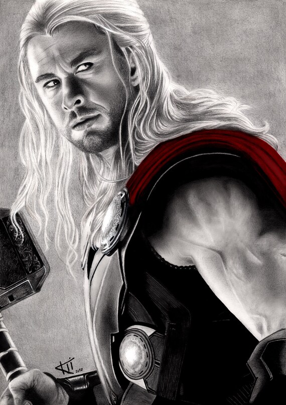 Realistic Portrait Drawing Thor Avenger Chris Hemsworth Etsy