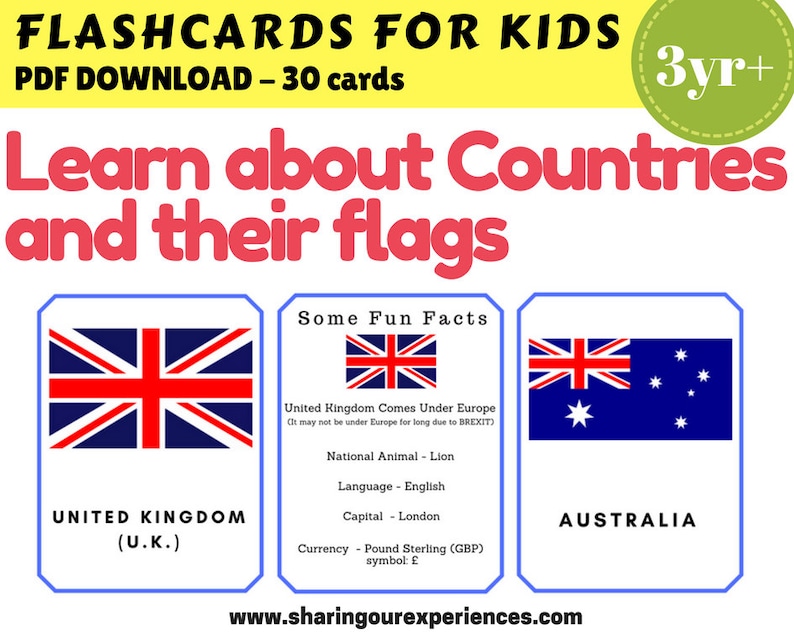Countries and Flags Flashcards for kids PDF Download | Etsy