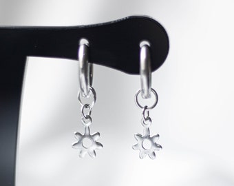 Tiny Dainty Dangle Silver Stainless Steel Huggie Hoops with Daisy Flower Charms