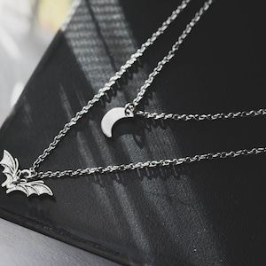 LAYERED BAT NECKLACE, Layered Moon Necklace, Layered Gothic Necklace, Simple necklace, Celestial Necklace, Bat necklace, Moon necklace