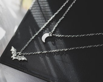 Layered Bat Moon Necklace, Stainless Steel, Gothic Celestial Jewelry