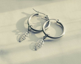 Silver Leaf Hoop Earrings: Stainless Steel Dainty Earrings