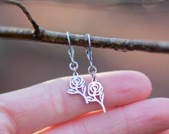 SILVER ROSE EARRINGS, Flower Earrings, Dangle Earrings, Drop Earrings, Leverback Earrings, Hypoallergenic Earrings, Gift For Her