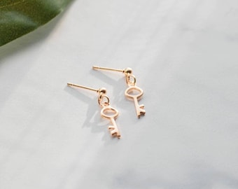 DAINTY GOLD EARRINGS, Tiny Key Earrings, Gold Stud Earrings, Small Gold Earrings, Gift For Her