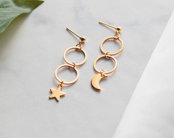 MOON AND STAR Earrings, Moon and Star Stud Earrings, Gold Moon and Star Earrings, Crescent Moon Earrings, Gold Moon Star Dangle Earrings