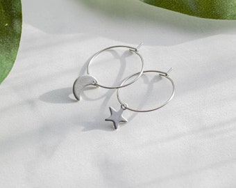 Mismatched Moon and Star Hoop Earrings: Stainless Steel Celestial Charms