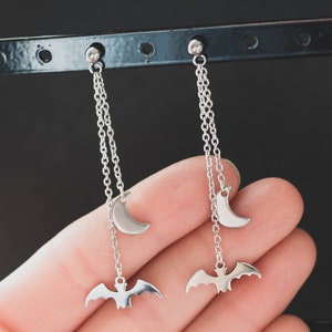 DANGLE DROP BAT Earrings, Dainty Earrings, Dangle Moon Earrings, Silver Earrings, Moon Earrings, Bat studs, Dangle Earrings, Spooky Earrings