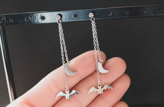 Dangle Bat Earrings: Stainless Steel Moon Drop Earrings