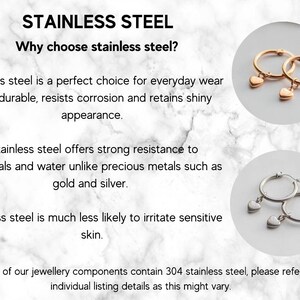 May include: Two pairs of hoop earrings with heart charms. One pair is gold-toned and the other is silver-toned. The image includes text about the benefits of stainless steel jewelry, such as durability, resistance to corrosion, and hypoallergenic properties.  The text also mentions that most of the jewelry components contain 304 stainless steel.