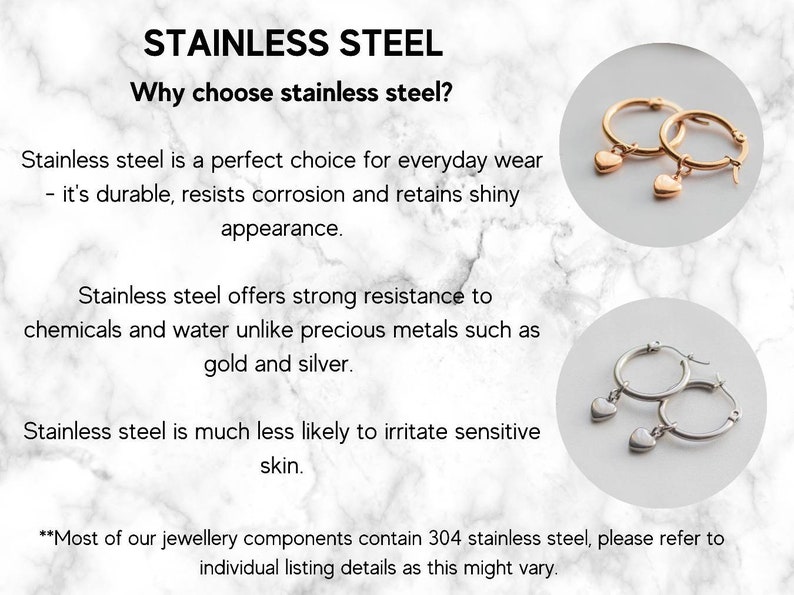 May include: Two pairs of hoop earrings with heart charms. One pair is gold-toned and the other is silver-toned. The image includes text about the benefits of stainless steel jewelry, such as durability, resistance to corrosion, and hypoallergenic properties.  The text also mentions that most of the jewelry components contain 304 stainless steel.